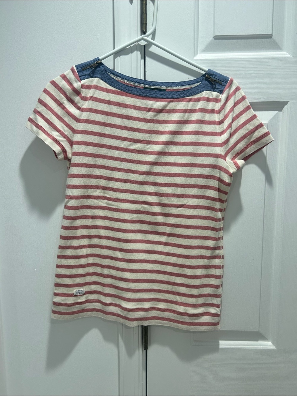 Ralph Lauren Striped Tee in Cream and Dusty Rose with Blue Trim